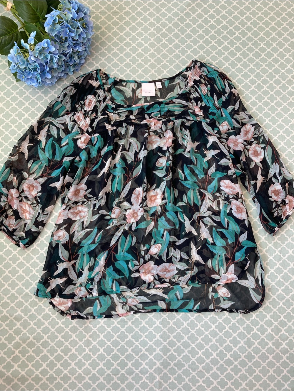 LC Lauren Conrad Crane Floral Black Green Sheer Blouse XXL